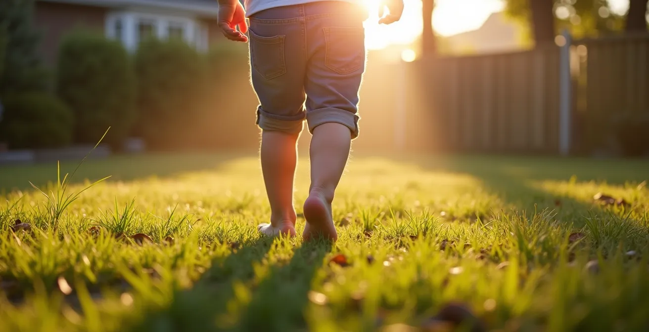 Child walking barefoot on natural grass surface for healthy foot development