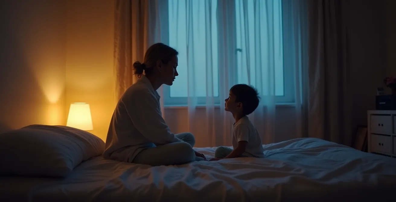 Wide shot of dimly lit child's bedroom showing parent and child in peaceful bedtime conversation, soft lamp glow creating intimate atmosphere