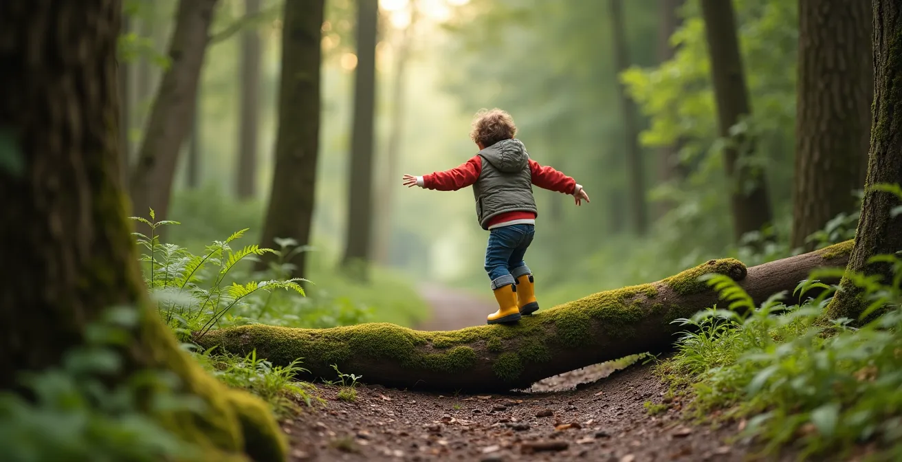 Child carefully balancing on a fallen tree trunk in a British woodland