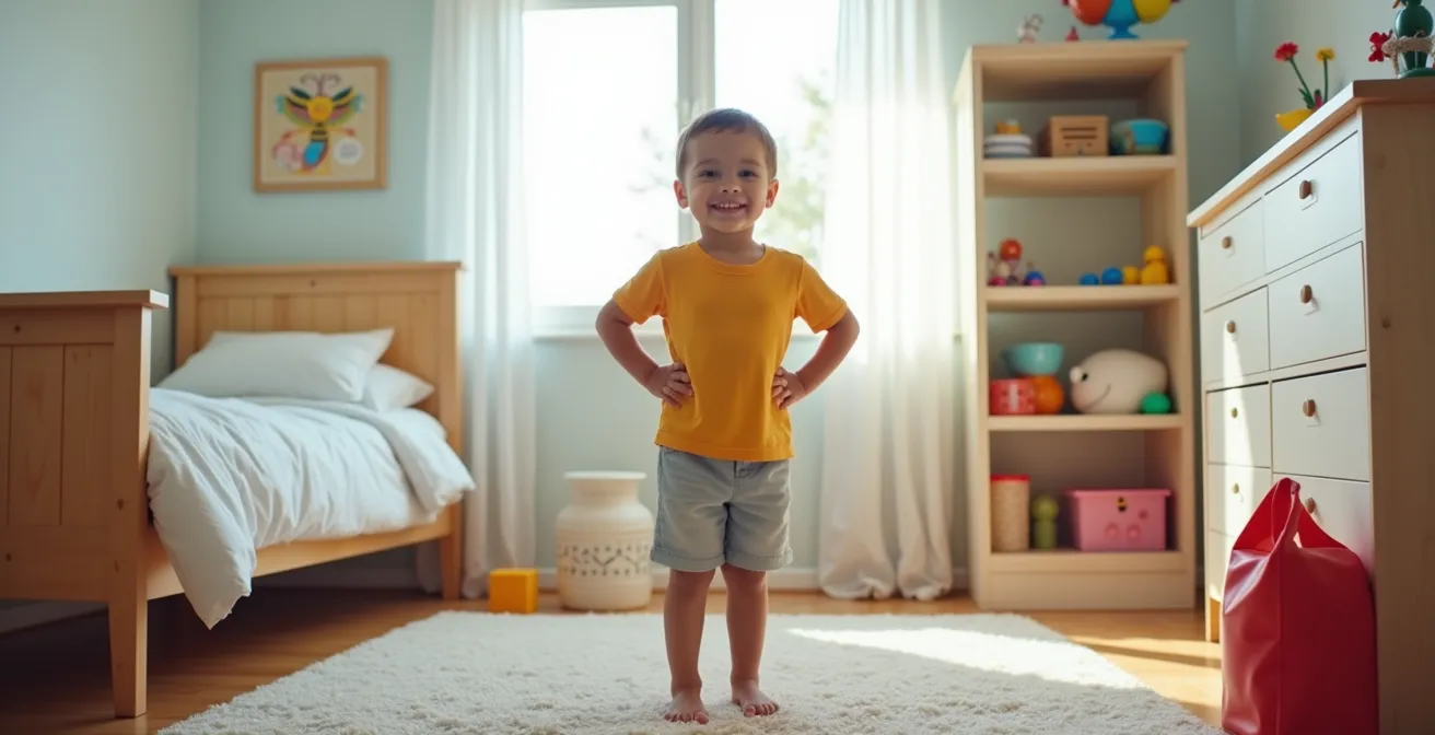 Wide shot of child standing proudly in their organized bedroom