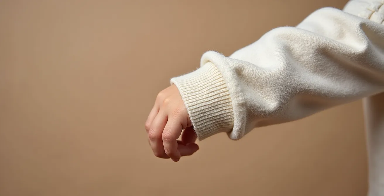 Close-up details of children's clothing showing proper versus tight fit indicators on sleeves and waistband