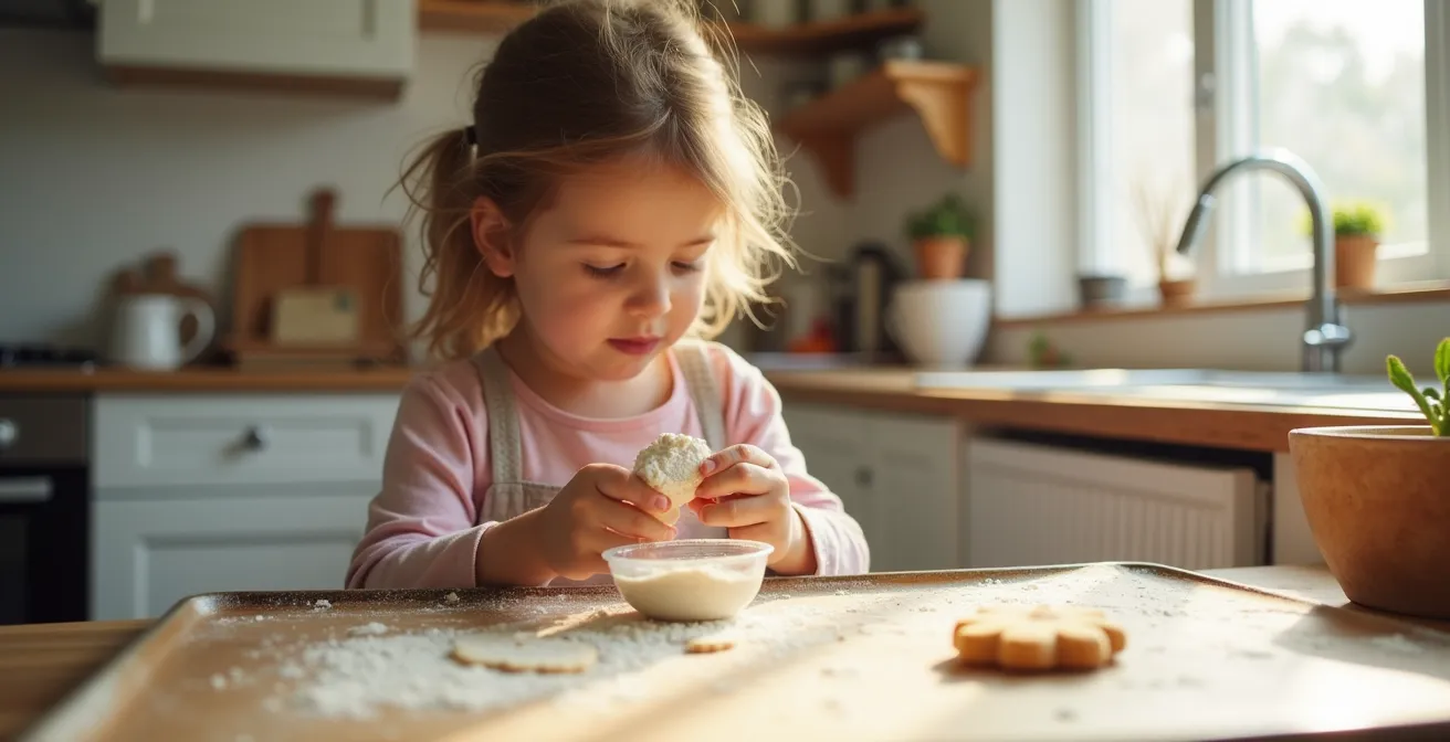 Child measuring ingredients in a kitchen with some flour spilled, showing learning through safe mistakes