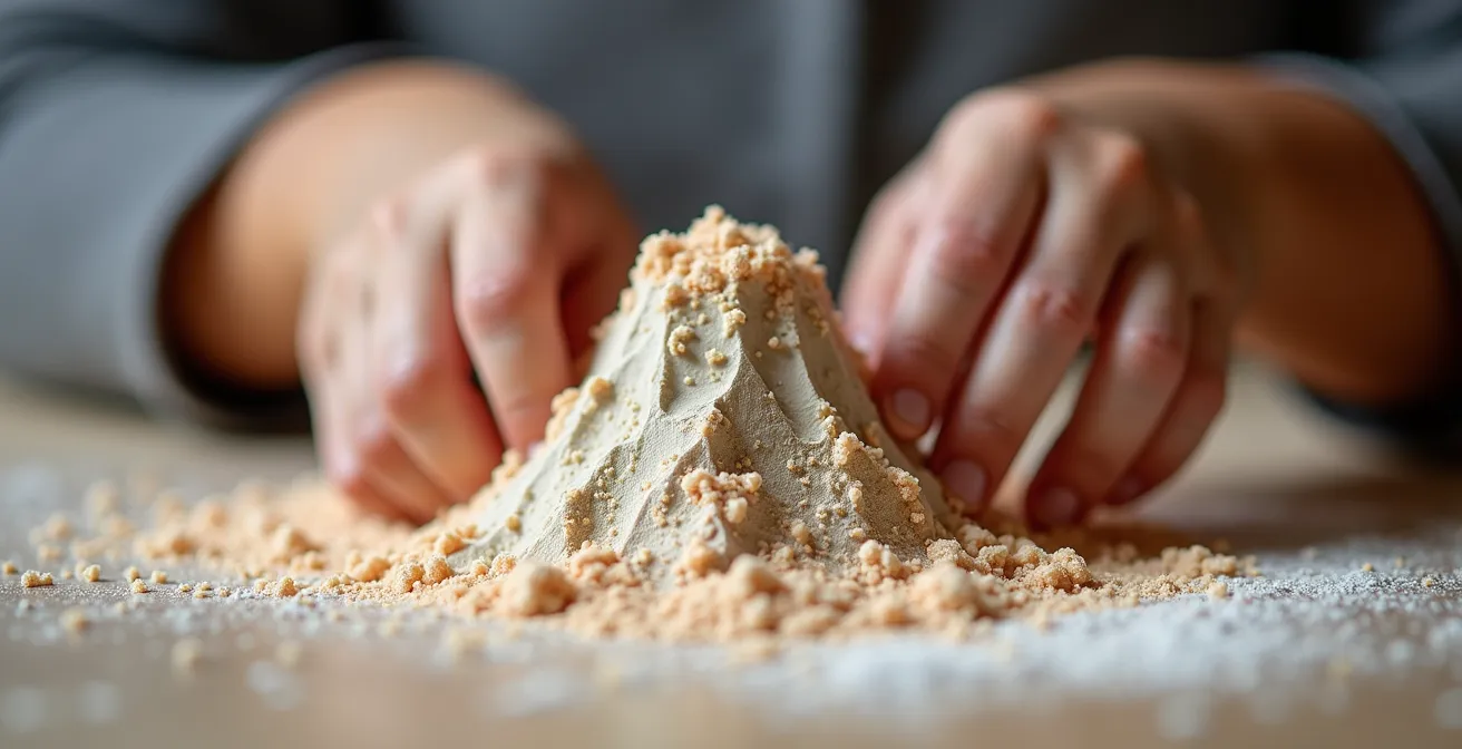 Child intensely focused on hands-on volcano science project with homemade materials
