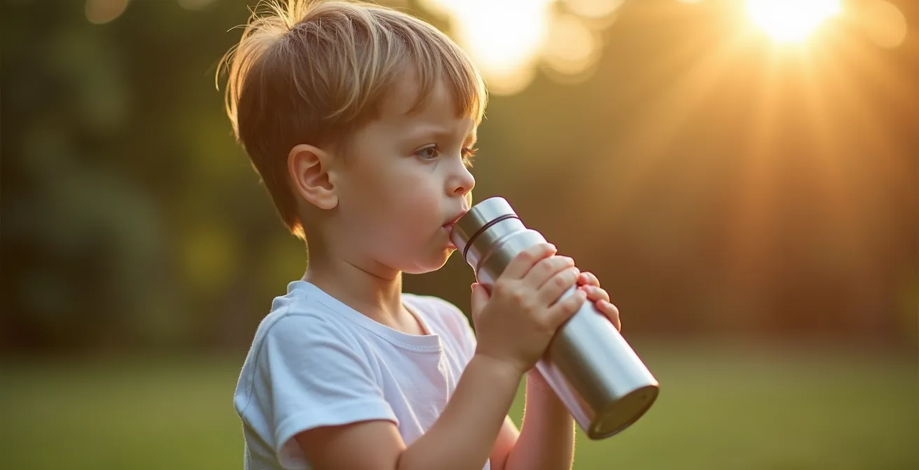 Close-up of a child drinking from a stainless steel water bottle outdoors