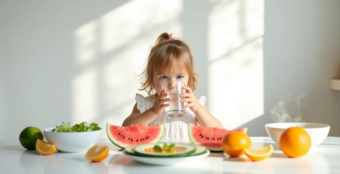Child drinking water surrounded by hydrating fruits and vegetables