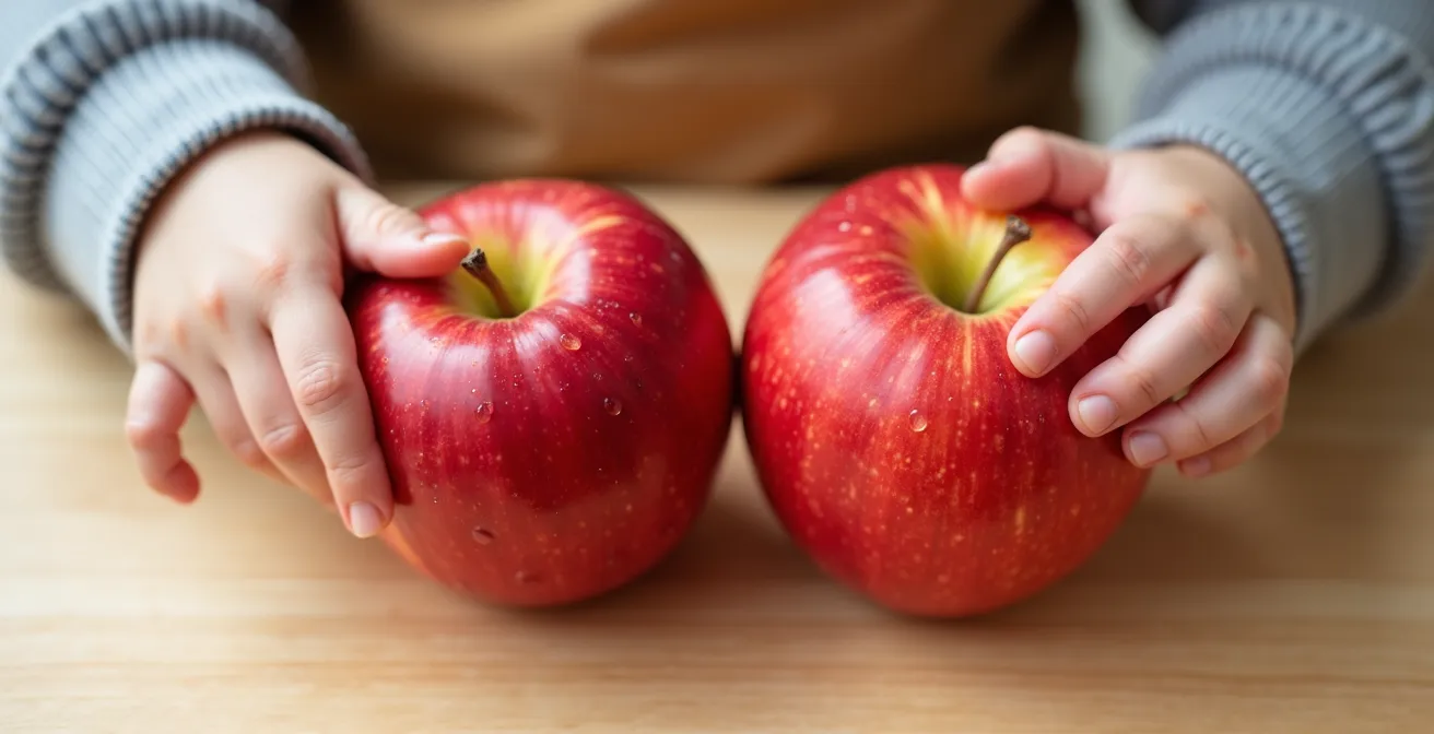 Close-up of toddler hands touching and counting real red apples on a kitchen counter