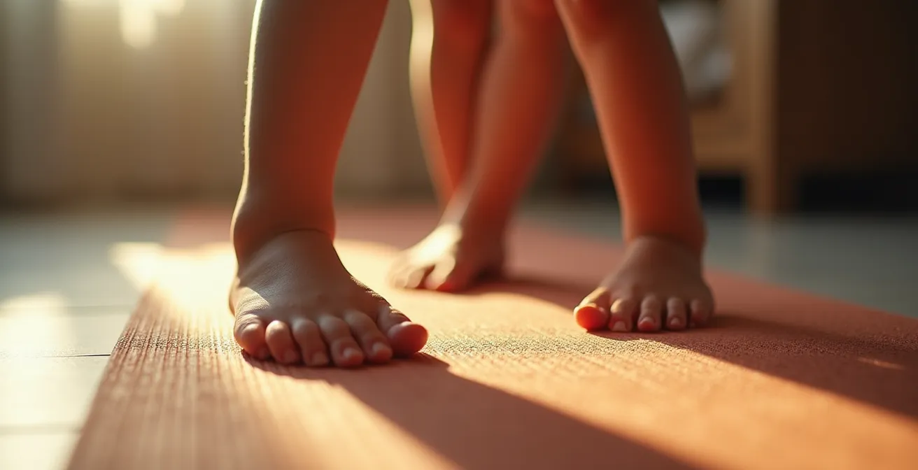 Young child doing a cat-cow stretch on a colorful mat in a bright morning bedroom