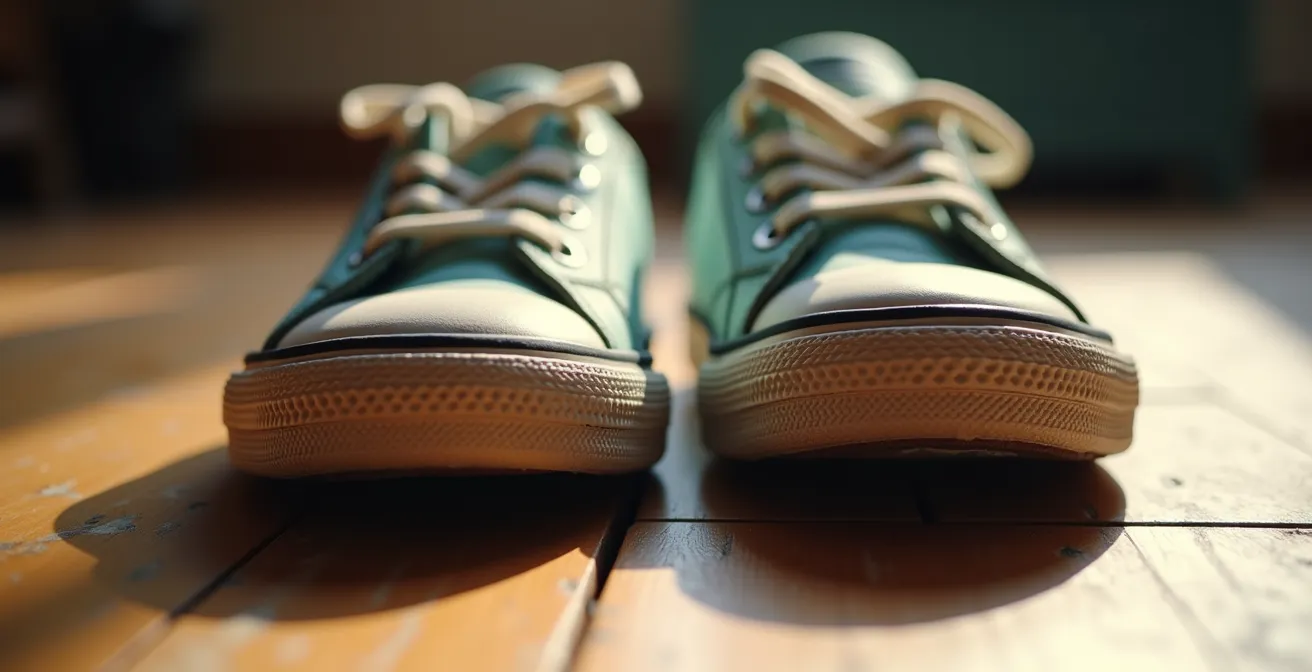 Close-up view of children's shoes showing wear patterns from intoeing