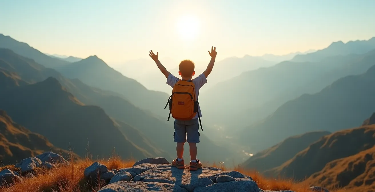 A young hiker in silhouette with arms raised in victory at a mountain viewpoint, small backpack on, against a vast, golden-lit valley.