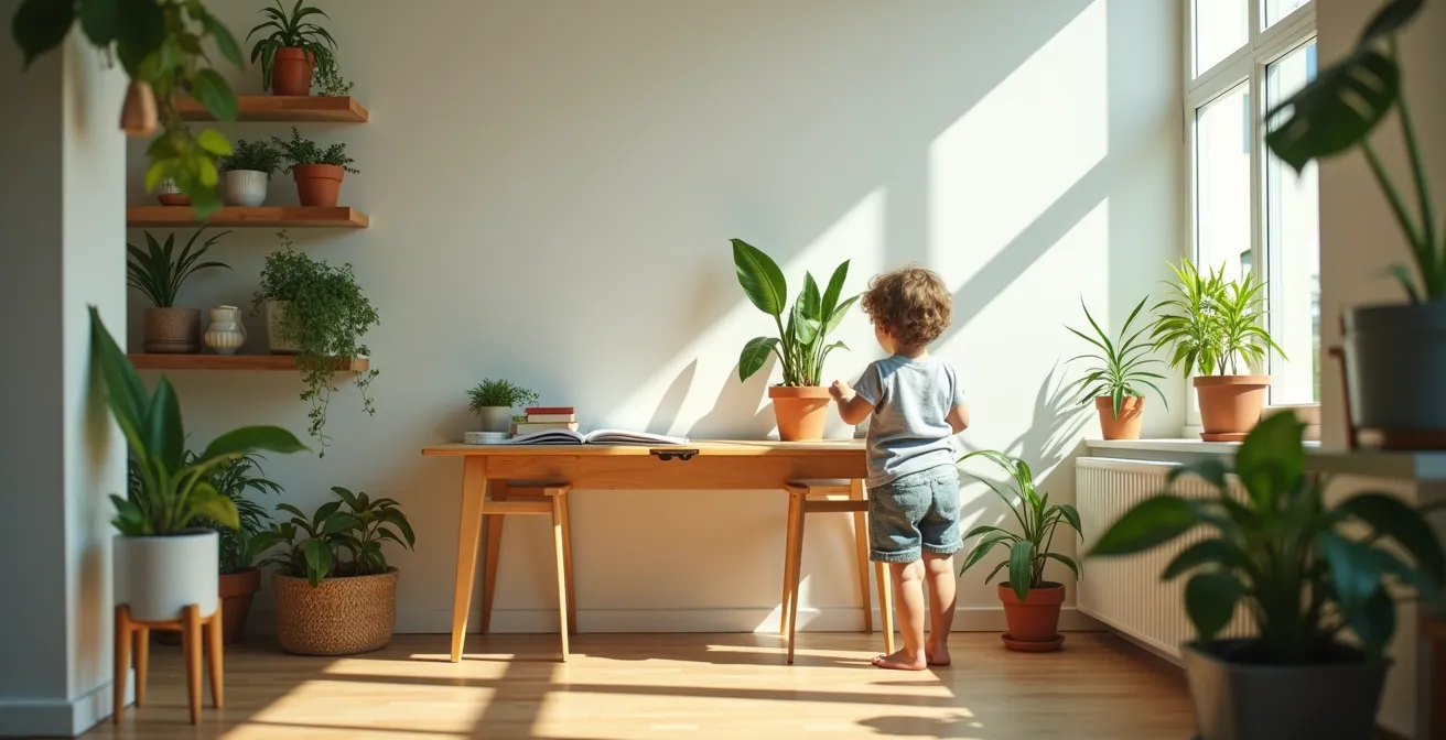 Child interacting with indoor plants during a study break