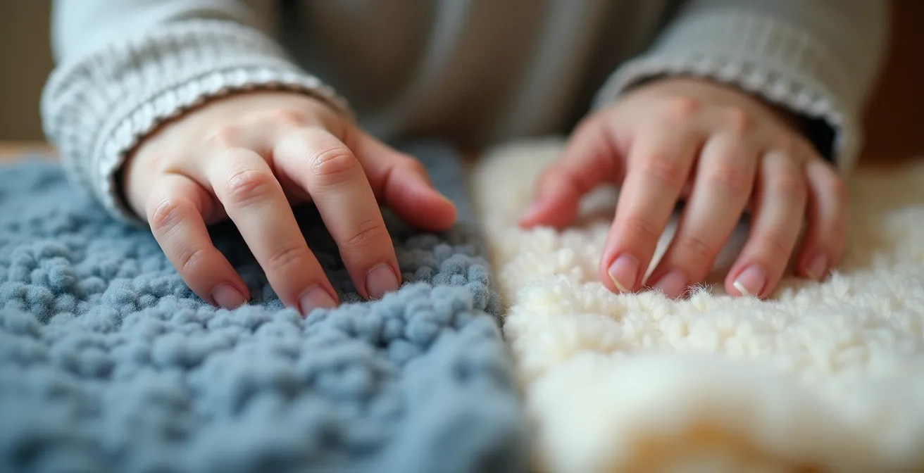 Close-up of child's hands feeling the texture difference between soft fleece and merino wool fabrics