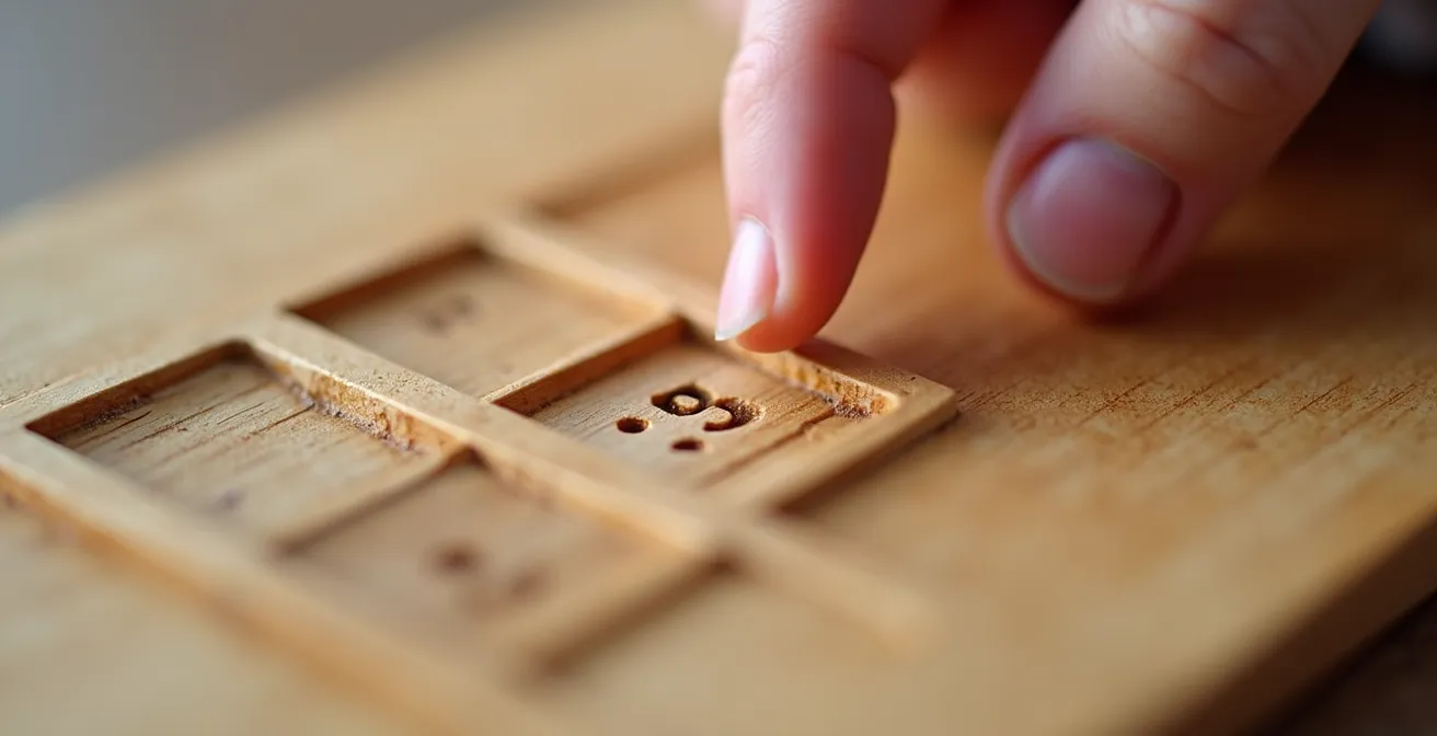 Close-up of child's finger tracing a wooden square breathing board