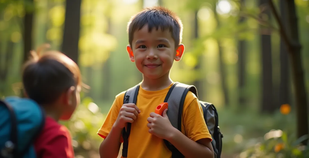 A proud child wearing a Trail Captain badge with a bright safety whistle prominently clipped to their backpack strap in a sunlit forest.