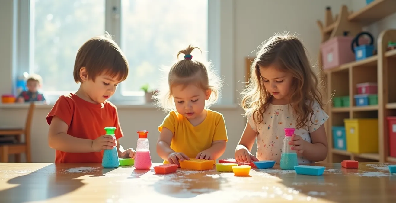 Children of different ages working together to clean up sensory play materials