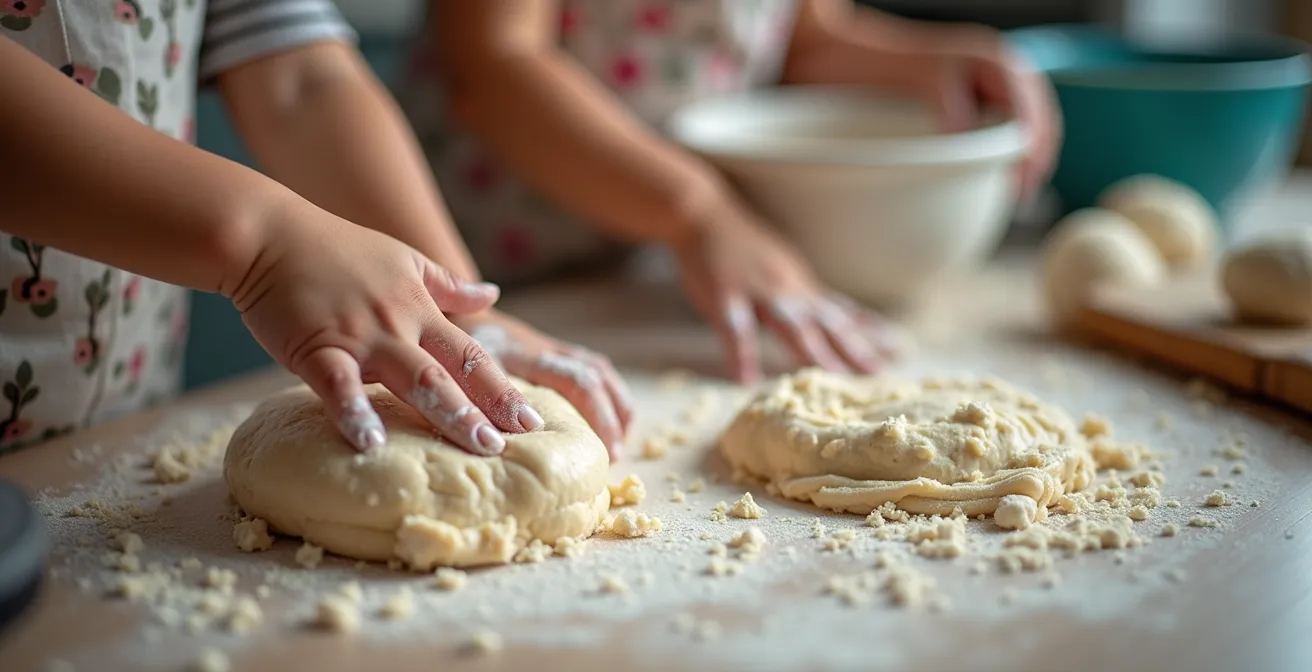 Children of different ages working together in a kitchen, focusing on their hands as they mix ingredients and wipe surfaces, demonstrating teamwork.