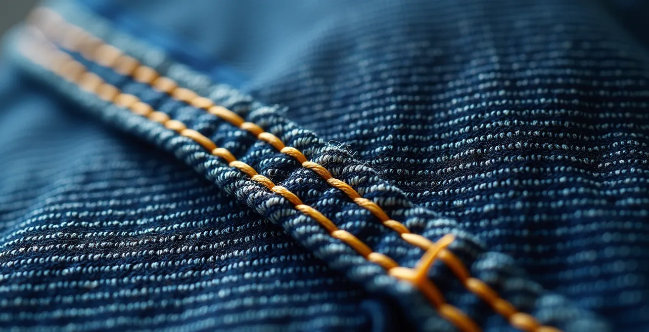 Macro view of triple-stitched seams on denim showing three parallel lines of stitching