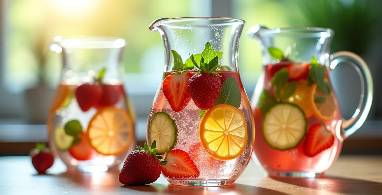 Glass pitchers with colorful fruit-infused water on a sunlit counter