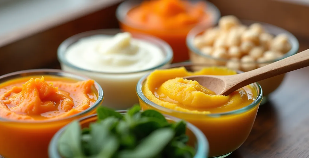 Array of vibrant vegetable purees in glass bowls ready for mixing into children's meals