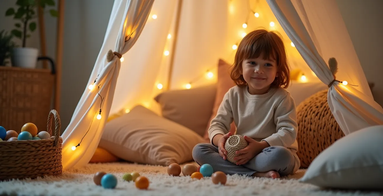 Child relaxing in a small corner space with soft lighting, cushions, and sensory materials