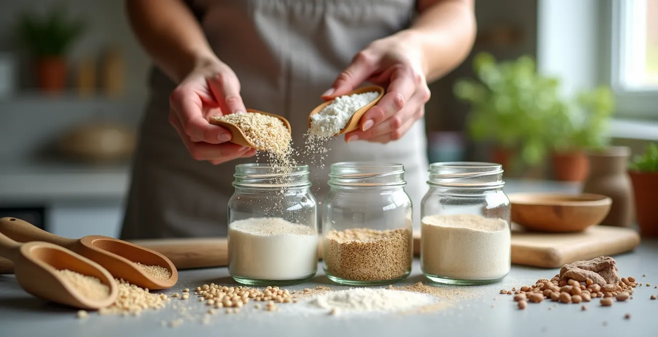 Close-up of hands organizing sensory materials like rice and beans in labeled containers on a kitchen counter