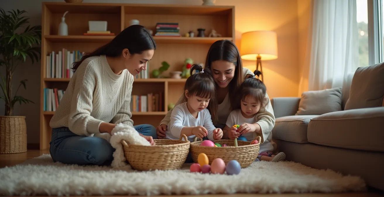A family gathered in a warm living room during the evening golden hour, calmly putting away toys and creating a peaceful atmosphere.