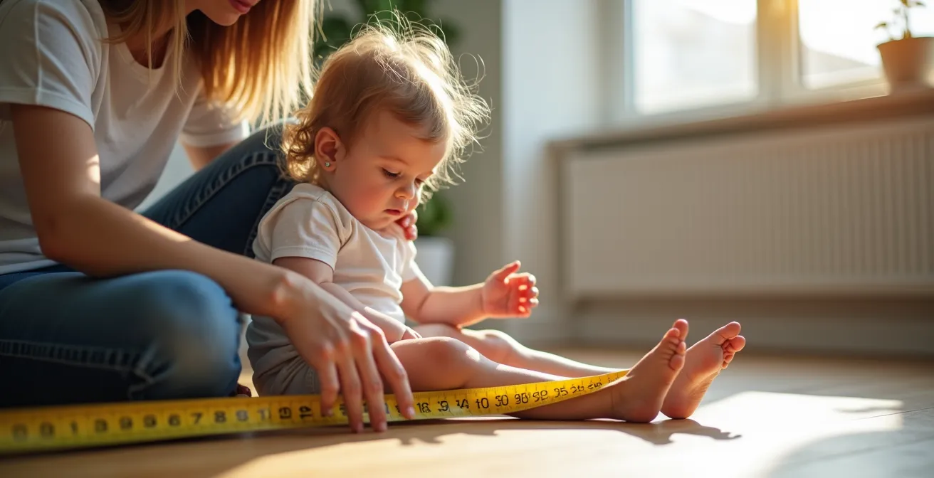 Family creating foot measurement records with ruler and growth chart in bright natural light