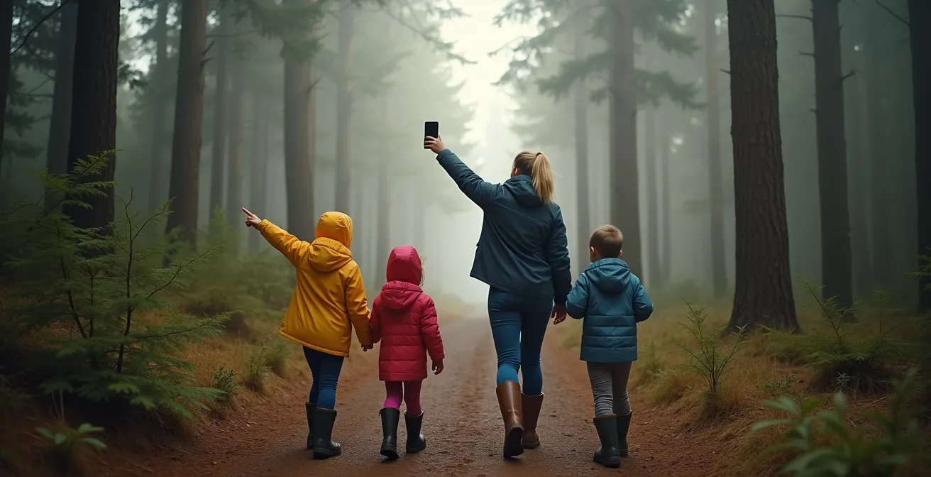 Children using a smartphone app for geocaching while exploring a wooded trail with their parents