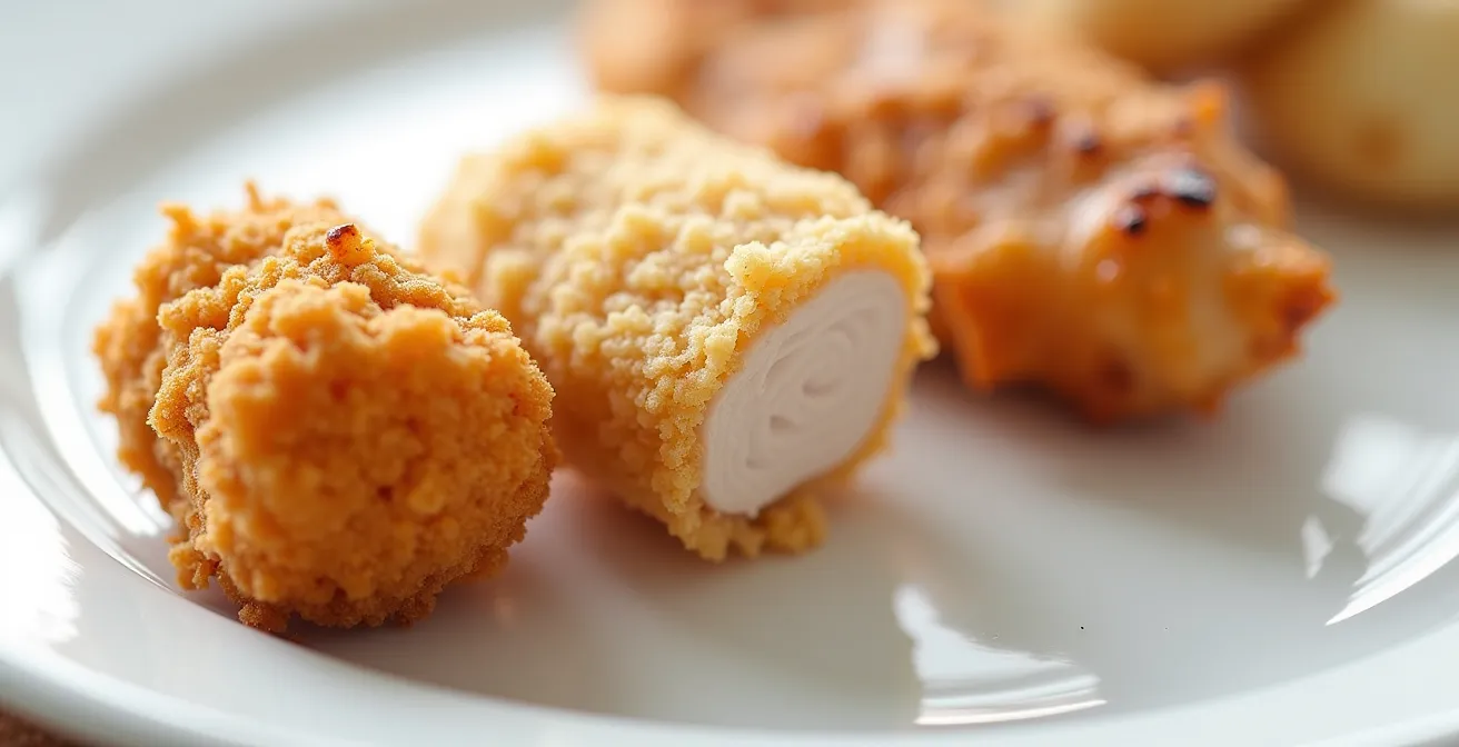 A series of chicken preparations showing gradual transition from nugget to roasted chicken