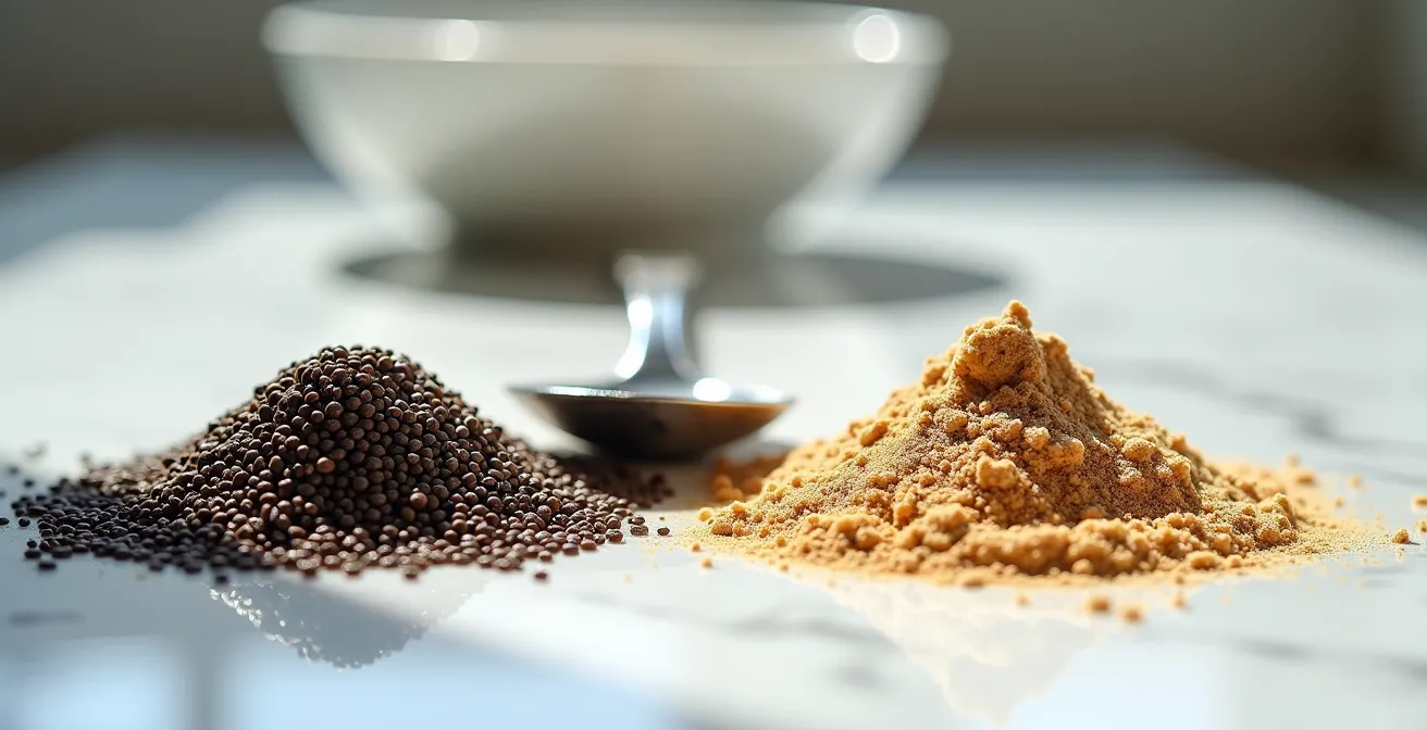 Extreme close-up of finely ground flax and chia seed powder next to whole seeds showing texture transformation