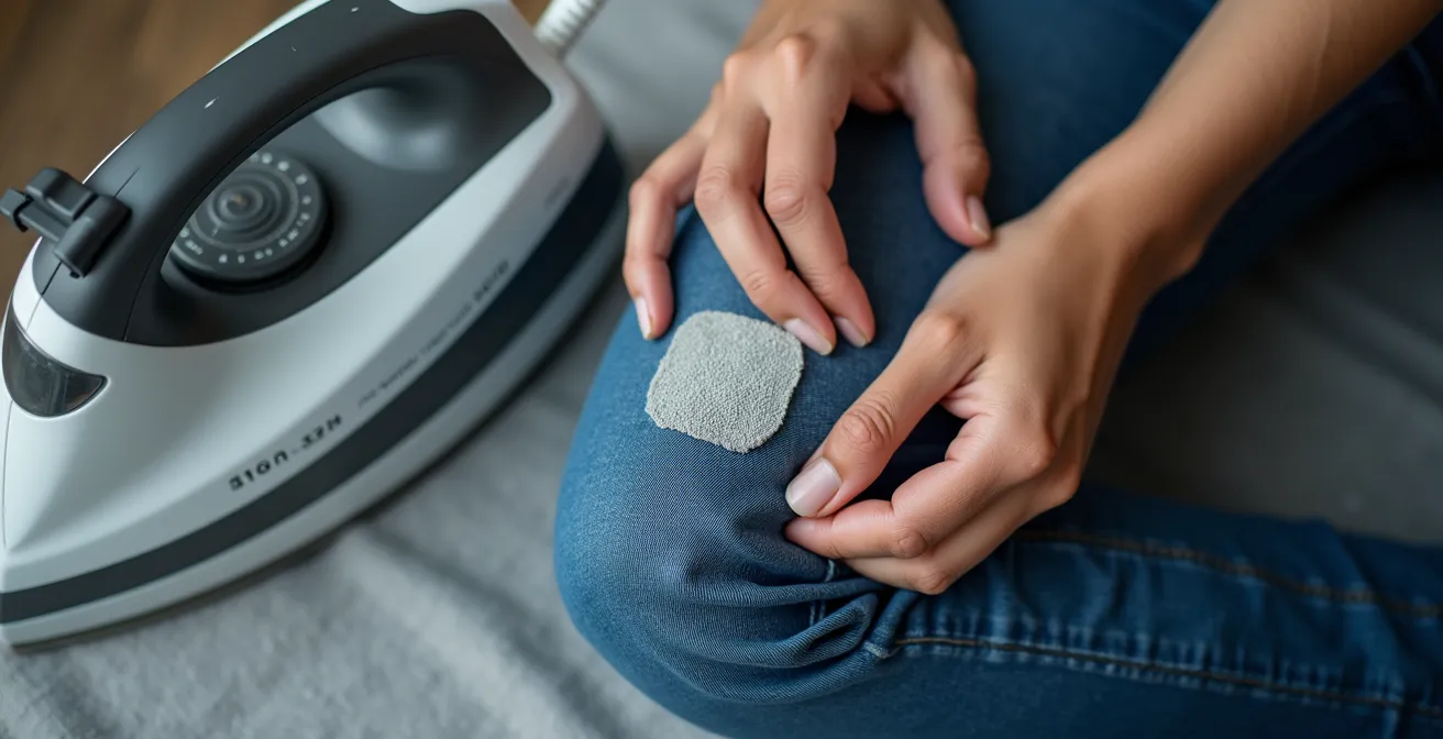 Hands applying rounded corner patch to trouser knee with iron nearby