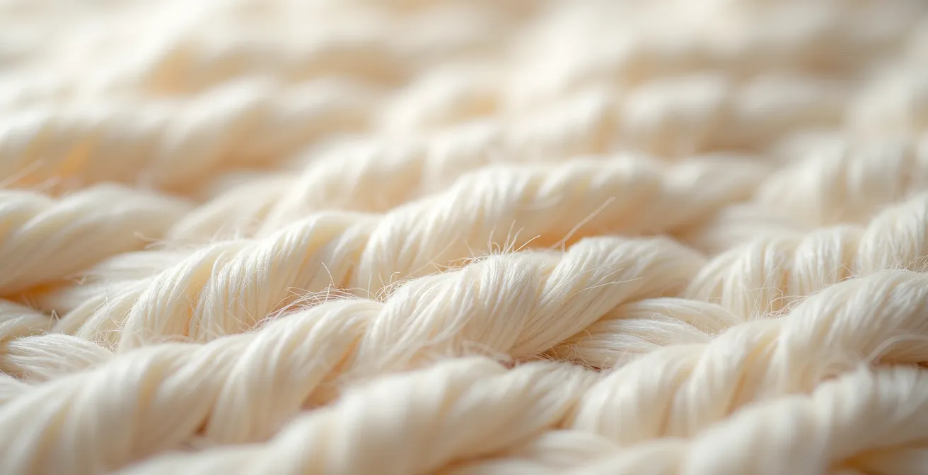Extreme close-up of organic cotton fabric fibers showing natural texture and weave pattern