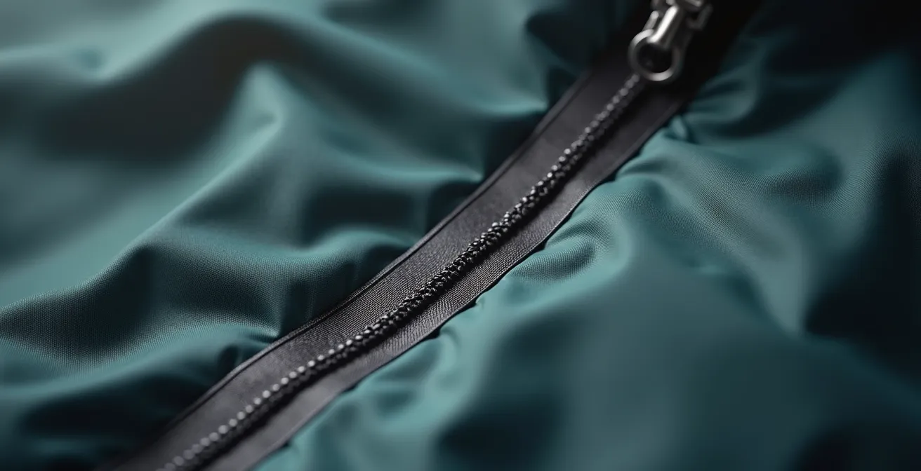 Extreme close-up of taped seam inside a children's rain jacket showing waterproof strip