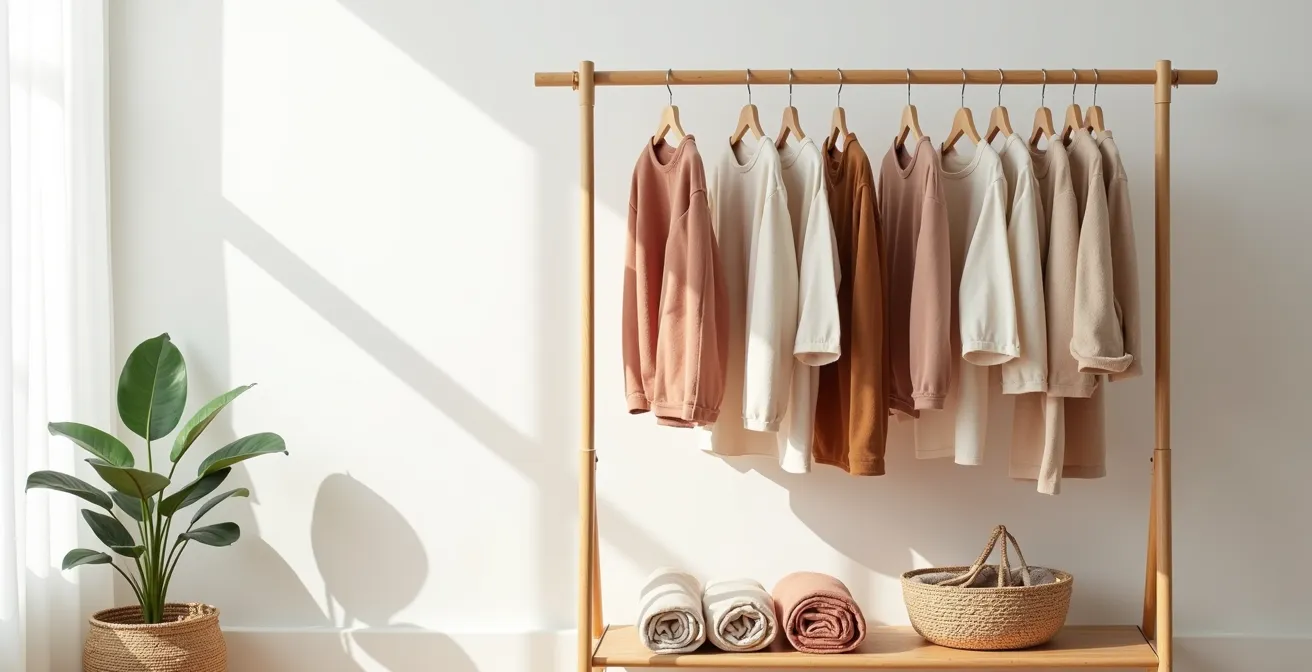 Clean, organized children's capsule wardrobe on a wooden rack in bright natural light