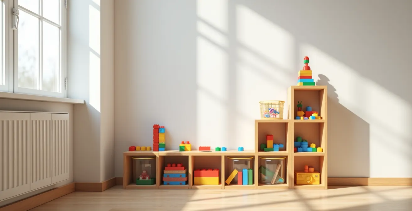 Organized corner with low shelves displaying STEM materials and ongoing projects