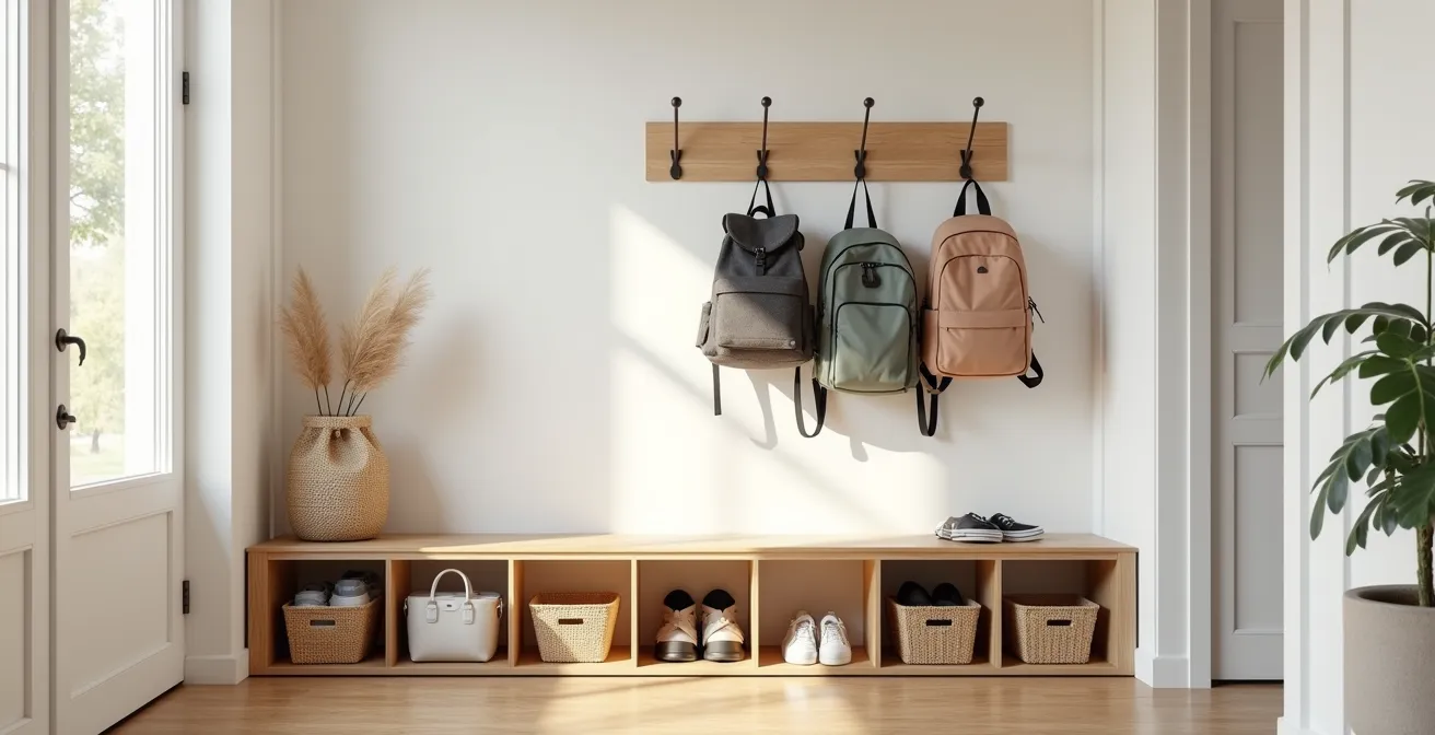 Organized entryway with family preparation station showing backpacks hooks and shoe storage