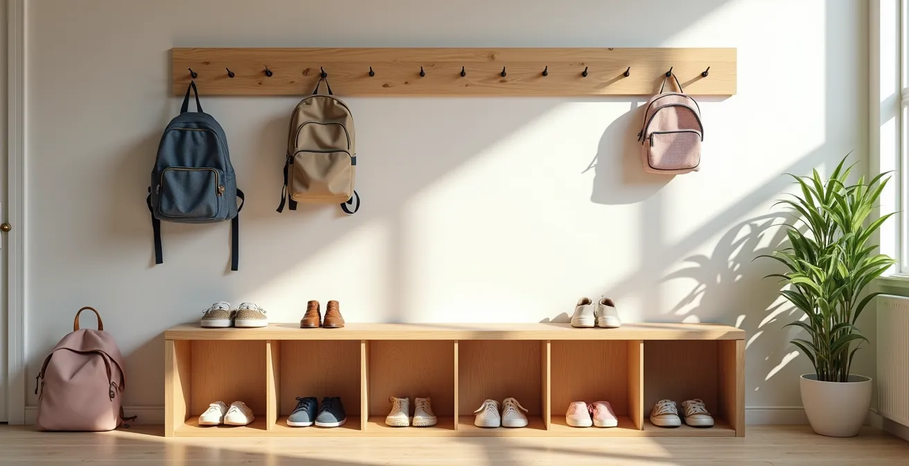 Child-height organized entryway station with colorful hooks and cubbies