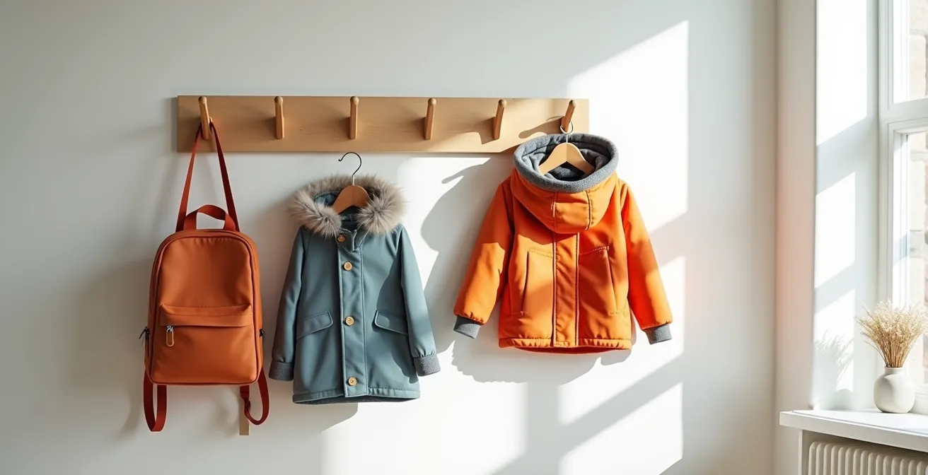 Entryway wall with colorful children's winter layers organized on hooks in preparation order