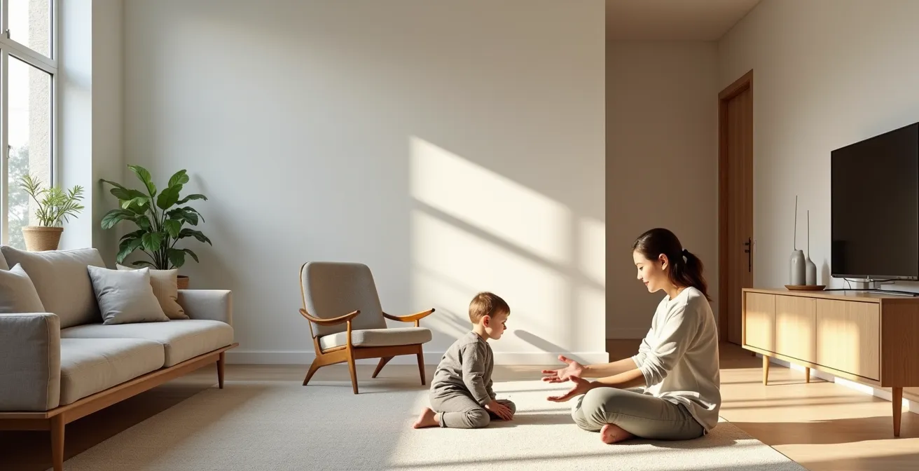 Wide shot of a parent and child in a minimalist room showing the contrast between tense and relaxed body postures