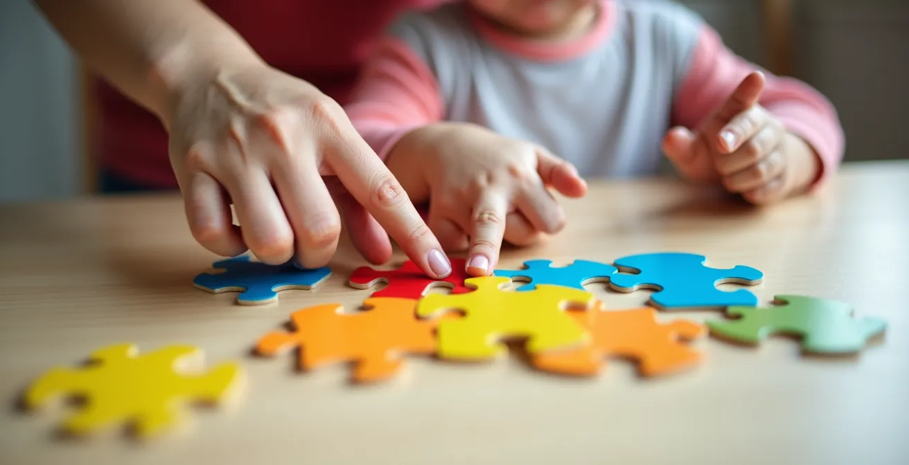 Close-up of parent and child hands working together on a problem with question marks symbolically represented