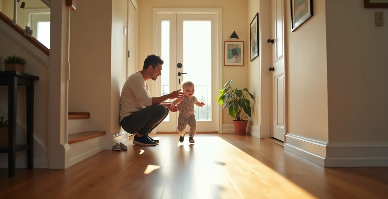 Parent and child engaged in playful reconnection ritual at home entrance