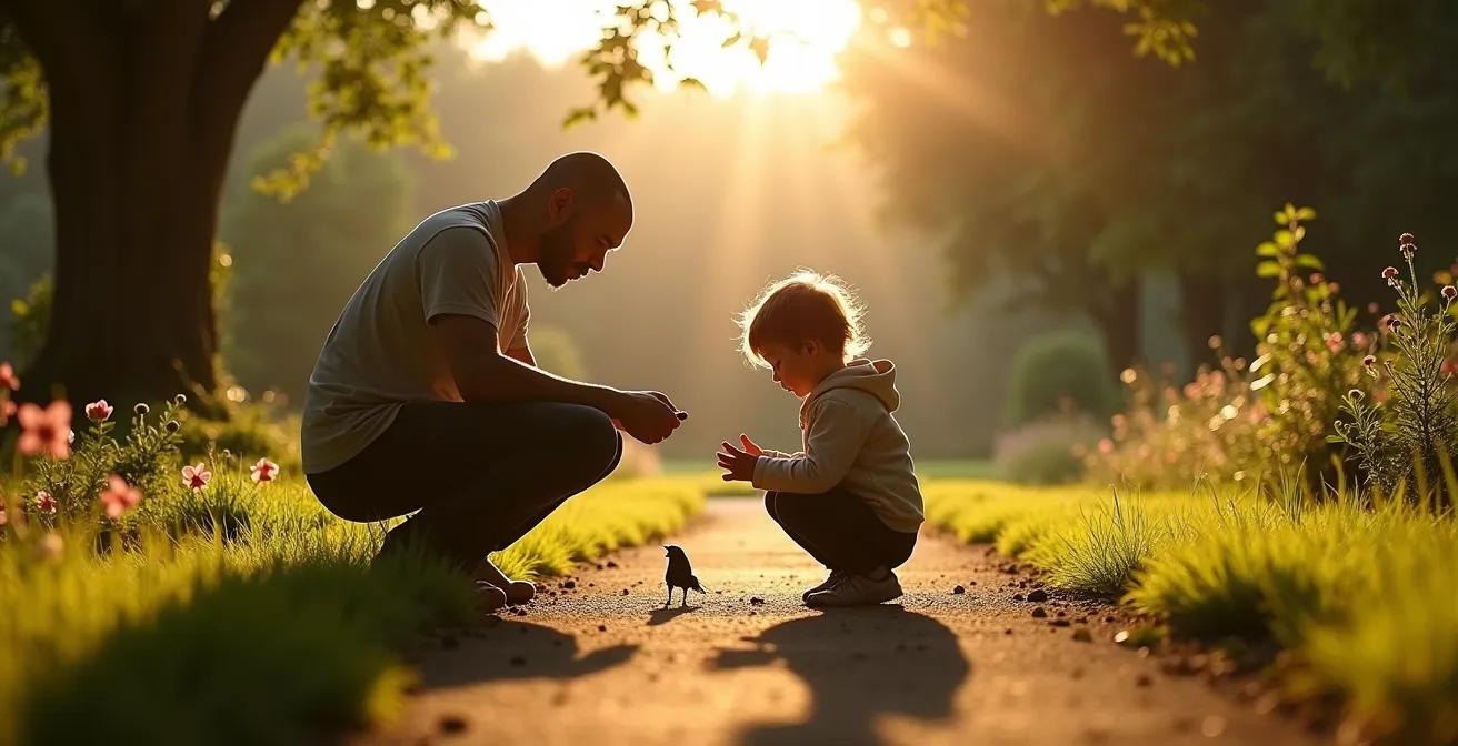Parent and child crouched together examining something on the ground in a garden, both showing expressions of curiosity and wonder