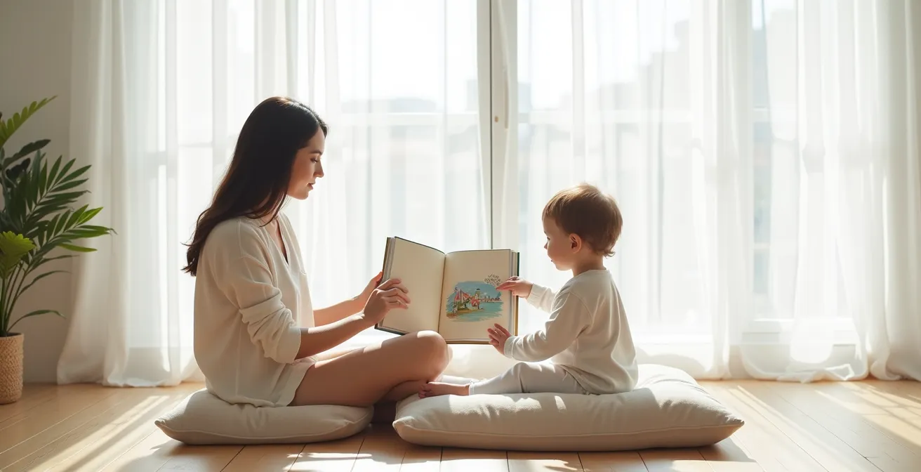 Parent and toddler engaged in interactive picture book reading with animated expressions and pointing