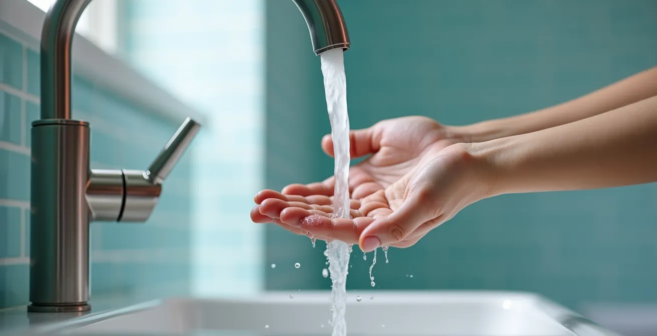 Close-up of adult and child hands under running water for sensory grounding