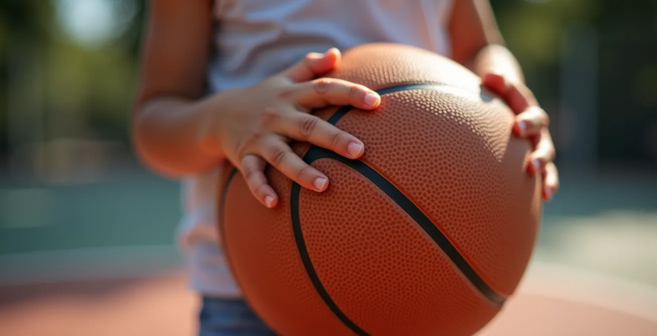 Close-up of a preteen's hand gripping a basketball, showing healthy activity and the texture of their skin.