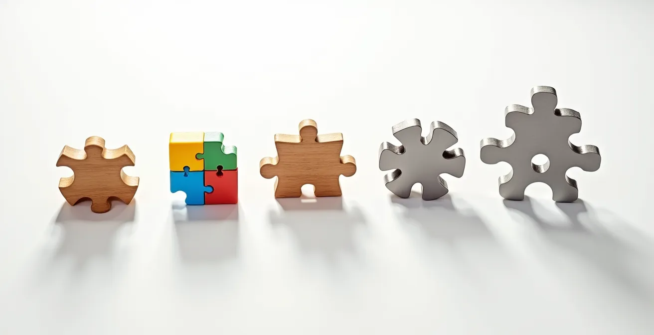 Visual progression of puzzle complexity from simple to advanced pieces