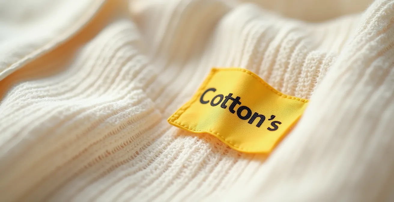 Close-up of a yellow safety tag on snug-fitting organic cotton baby pajamas, indicating compliance without chemical flame retardants.