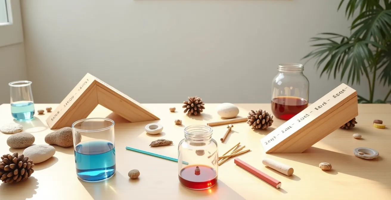 Arranged STEM materials creating an inviting exploration setup for children
