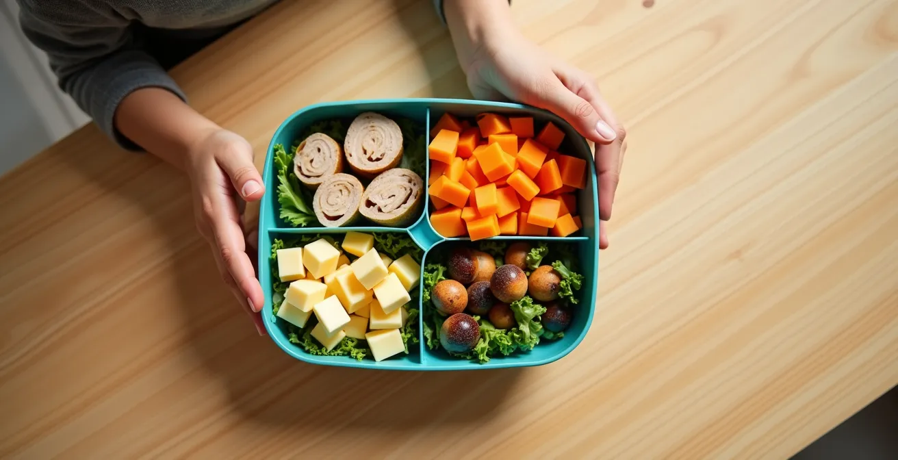 Overhead view of strategically organized bento box showing protein placement