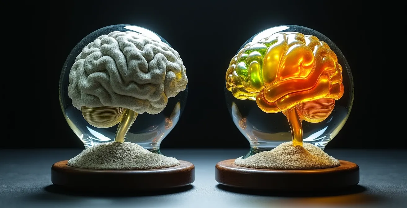 Conceptual image showing contrasting brain states with vibrant colors representing nourishment versus muted tones for depletion