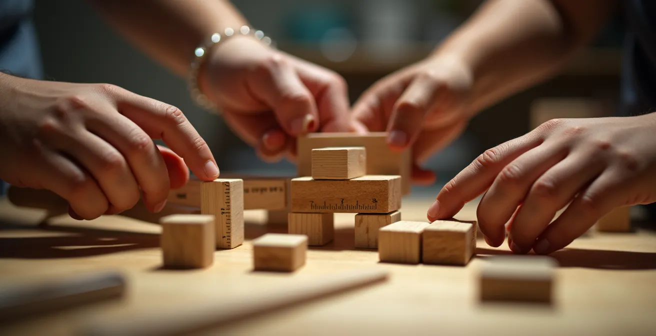 Teacher guiding child through a structured STEM activity with manipulatives